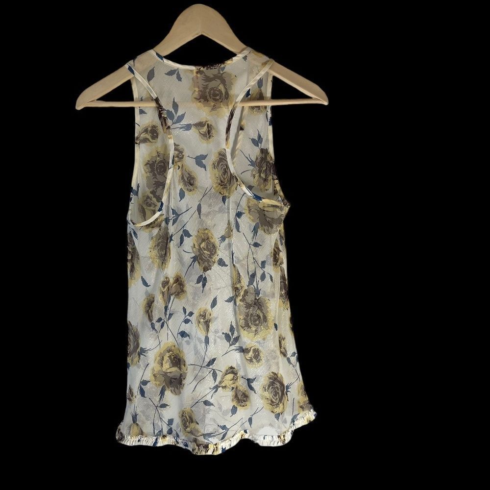 Tom K Nguyễn Sheer Metallic Floral Tank Top Ruffle Trim Sz S - Picture 2 of 7